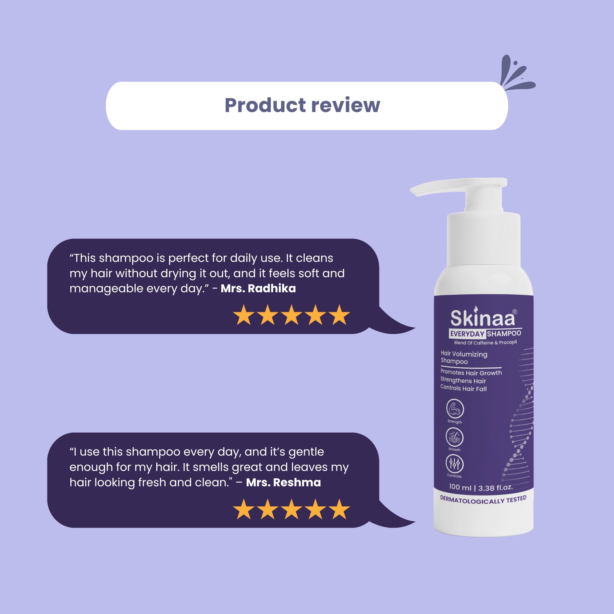 Customer reviews of Skinaa Everyday Shampoo highlighting gentle daily use, non-drying formula, fresh fragrance, and smooth, manageable hair